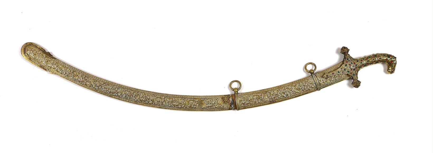 A fine Indian gilt copper and paste mounted sword (shamshir), Kutch, 19th century, sword 79cm long, scabbard 75cm long